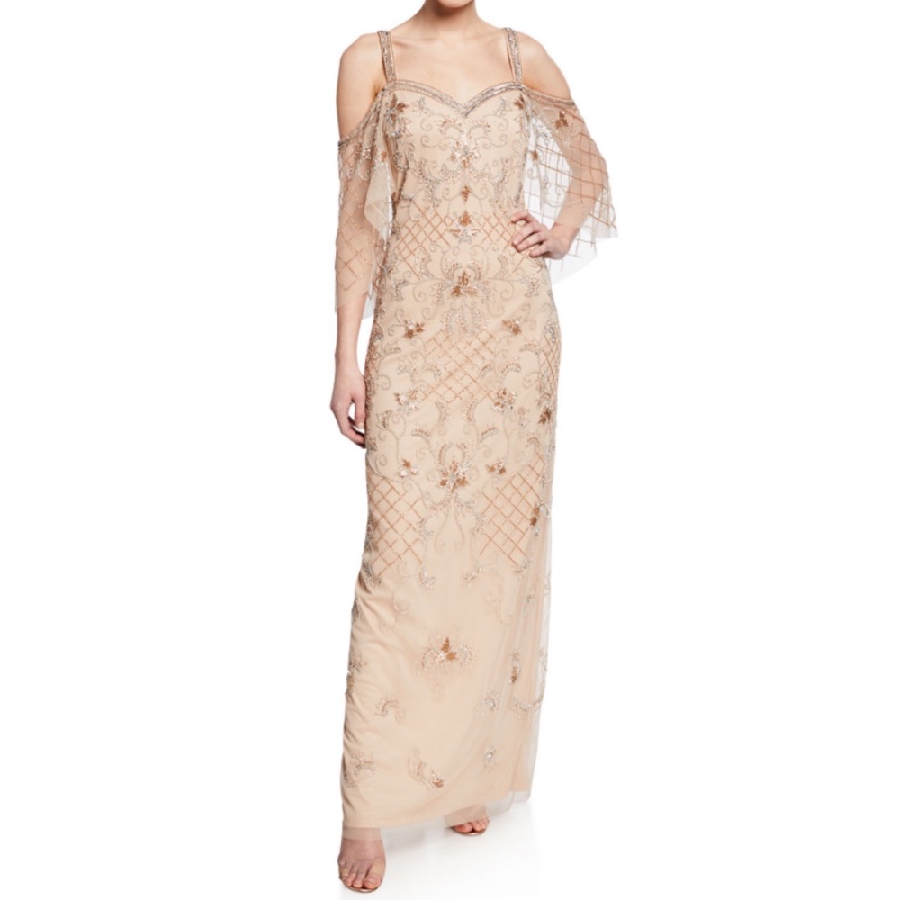 Aidan Mattox Beaded Sweetheart Cold Shoulder Capelet Sleeve Gown